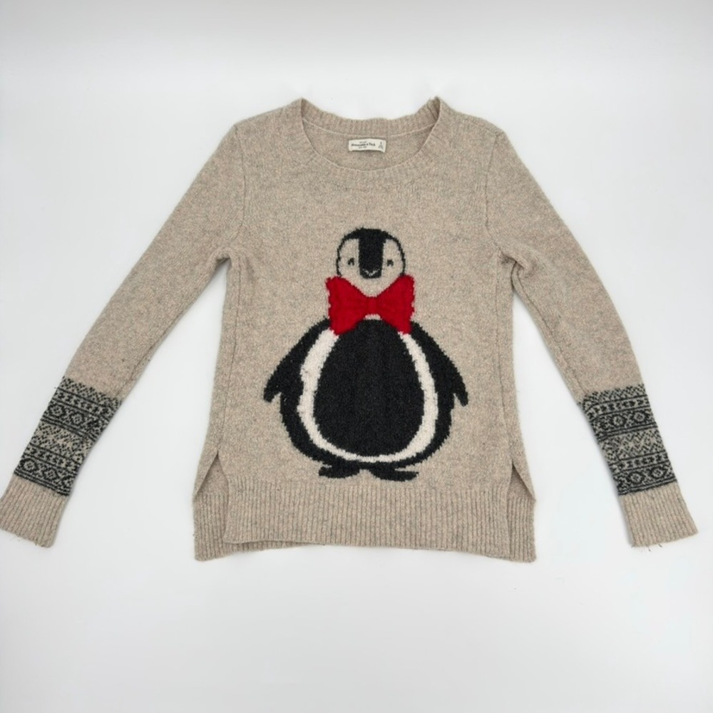 Abercrombie & Fitch Penguin Wool Blend Sweater Beige Fair Isle Holiday Small
